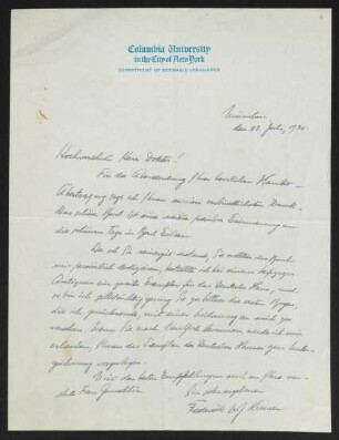 Brief von Frederick W. J. Heuser von Columbia University / Department of Germanic Languages  an Gerhart Hauptmann