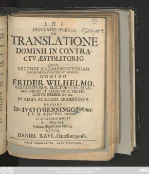 Dispvtatio Ivridica De Translatione Dominii In Contractv Æstimatorio