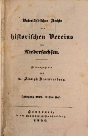 Vaterländisches Archiv des Historischen Vereins für Niedersachsen, 1839