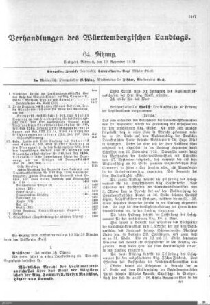 64. Sitzung, Stuttgart, 19.11.1919