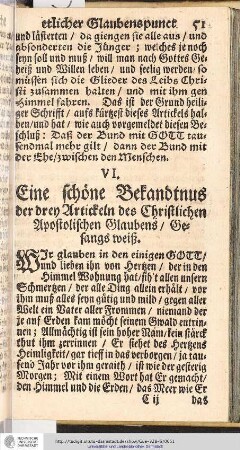 VI. Eine schöne Bekandtnus der drey Artikeln des Christlichen Apostolischen Glaubens / Gesangs weiß