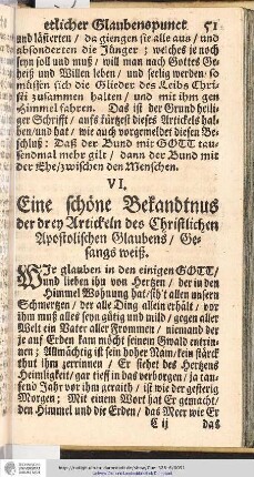 VI. Eine schöne Bekandtnus der drey Artikeln des Christlichen Apostolischen Glaubens / Gesangs weiß