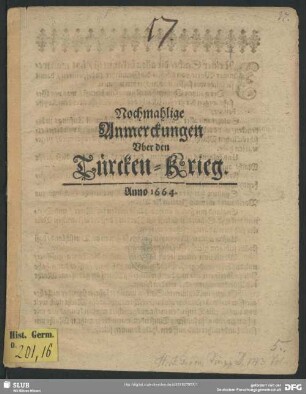 Nochmahlige Anmerckungen Uber den Türcken-Krieg