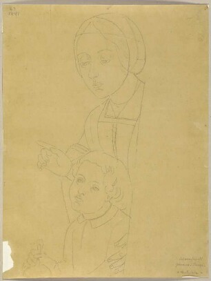 Eine Frau mit einem kleinen Jungen (Magia di Battista Ciarla, die Frau Giovanni Santis, und ihr Sohn Raffael ?), Detail aus einem Gemälde von Giovanni Santi in der Hospitalkirche in Montefiore (?)