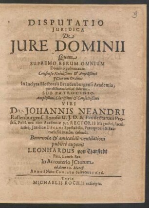 Disputatio Iuridica De Iure Dominii