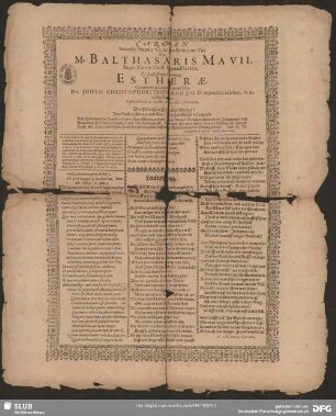 Carmen Secundis Nuptiis ... Dn. M. Balthasaris Mavii, Supr. Curiae Elect. ProtoNotarii, Et ... Estherae ... Dn. Johan: Christophori Friderici I. U. D. ... relictae Viduae : Lipsiae ad diem 29. Aprilis, Anni 1617. celebrandis