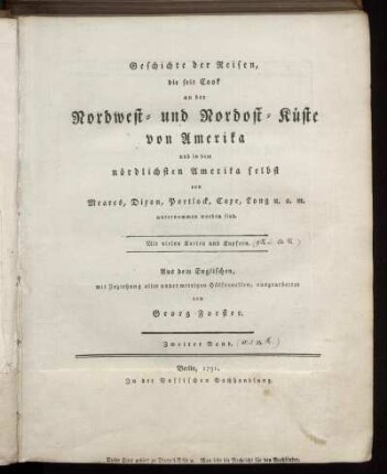 Bd. 2: Der Kapitaine Portlock's und Dixon's Reisen nach der Nordwest-Küste von Amerika, während der Jahre 1785 bis 1788, in den Schiffen King George und Queen Charlotte