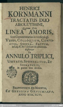 Henrici Kornmanni Tractatus Duo Absolutissimi : Qvorum Prior Linea Amoris, Sive Commentarius in versicul. gl. Visus, Colloqvium, Convictus, Oscula, Factum, in l. 23. ff. Ad I. Juliam de adulteriis. Posterior De Annulo Triplici, Usitato, Sponsalitio, Et Signatorio, in partes tres divisus