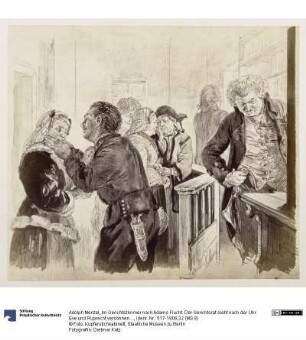 Im Gerichtszimmer nach Adams Flucht. Der Gerichtsrat sieht nach der Uhr. Eve und Ruprecht versöhnen sich, zu Heinrich von Kleist "Der zerbrochene Krug"