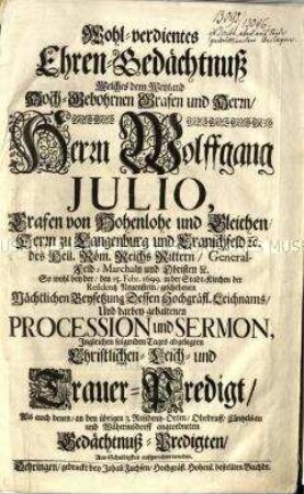 Leichenpredigt für Graf Wolfgang Julius von Hohenlohe-Gleichen 1699