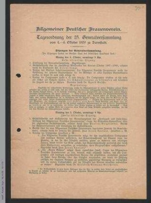 Tagesordnung zur 25. Generalversammlung des ADF 1909 in Darmstadt