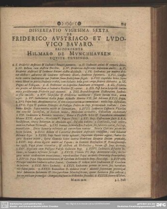 Dissertatio Vigesima Sexta De Friderico Austriaco Et Ludovico Bavaro. Respondente Hilmaro De Munchhausen Equite Thuringo
