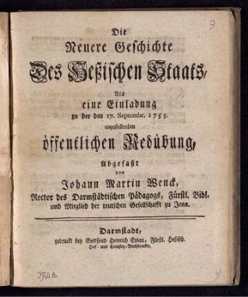 Die Neuere Geschichte Des Heßischen Staats : Als eine Einladung zu der den 17. Septembr. 1755. anzustellenden öffentlichen Redübung