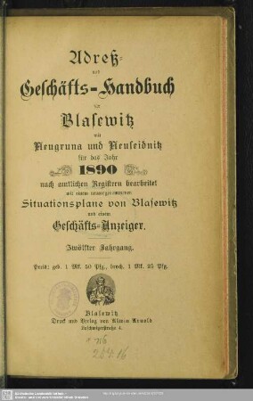 12.1890: Adreß- und Geschäfts-Handbuch für Blasewitz mit Neugruna und Neuseidnitz