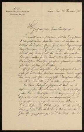 70: Brief von Otto Fischer (Juristische Fakultät der Universität Breslau) an Otto von Gierke, Breslau, 10.1.1921