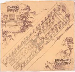 Ausstellungsgarten Deutsche Gartenbau-Ausstellung 1933, Berlin: Axonometrie, Ansicht 1:200