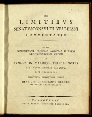 De Limitibvs Senatvsconsvlti Velleiani Commentatio