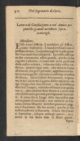 Lettera di Consolazione a un' Amico per qualche grande accidente sopravenutogli.