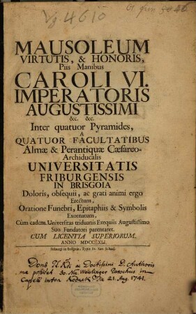 Mausoleum virtutis ... : oratione Funebri Carolo VI. erectum