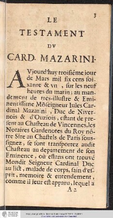 LE TESTAMENT DV CARD MAZARINI