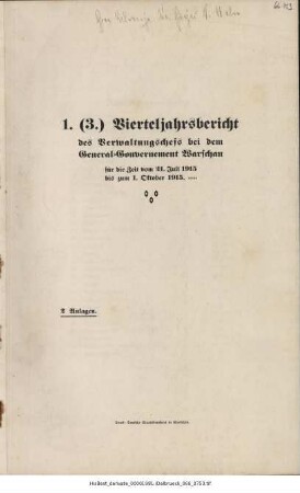 Erster (3.) Vierteljahrsbericht des Verwaltungschefs bei dem General-Gouvernement Warschau