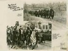 Festtag der Sowjetkosaken in Rostow, Kolonne Kubankosaken in Uniform mit Mütze zu Pferd auf Feldweg in Streuobstwiese, Hundertschaft Donkosaken von Millerowo in Rostow in Uniform mit Mütze, Fahne zu Pferd, singend, seitlich Zuschauer