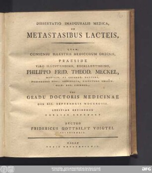 Dissertatio Inauguralis Medica De Metastasibus Lacteis