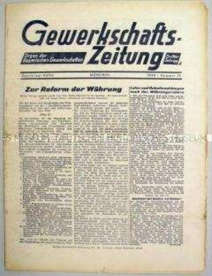Mitteilungsblatt der Bayrischen Gewerkschaften "Gewerkschafts-Zeitung" zur Währungsreform