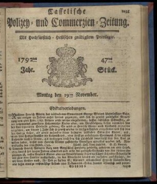 47tes Stueck, Montag den 19ten November. 1792