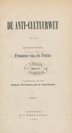 De anti-cultuurwet van den Minister Fransen van de Putte