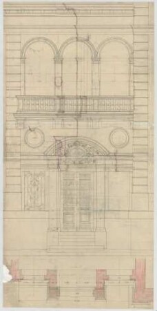 Thiersch, August ; München, Leopoldstr. 19; Wohnhaus Rau - Fassade (Teilgrundriss, Detail, Schnitte)