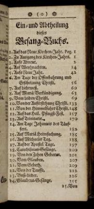Ein- und Abtheilung dieses Gesang-Buchs.