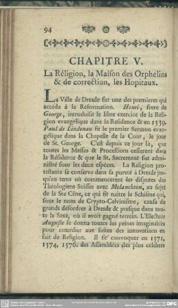 Chapitre V. La Réligion, la Maison des Orphelins & de correction, les Hopitaux
