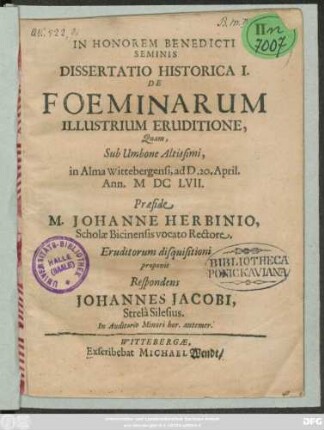Dissertatio Historica I. De Foeminarum Illustrium Eruditione