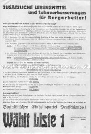 Propagandaflugblatt der SED Aue zur Verbesserung der Lebensverhältnisse für Bergarbeiter