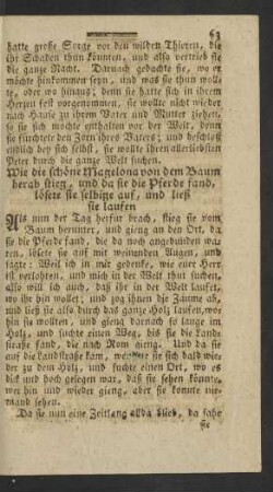 Wie die schöne Magelona von dem Baum herab stieg, und da sie die Pferde fand, lösete sie selbige auf, und ließ sie laufen.