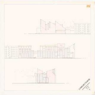 Platzbebauung mit Wohnungen, Gewerbe und sozialen Einrichtungen am Viktoria-Luise-Platz, Berlin-Schöneberg Schinkelwettbewerb 1980: Gemeindehaus und Jugendtreff, Ansichten 1:200
