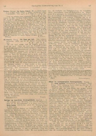 138-139 [Rezension] Rauscher, Julius (Hrsg.), Blätter für württembergische Kirchengeschichte. N. F. 25. Jhg. 1921, Heft 1/2