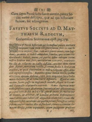 Faustus Socinus Ad D. Matthaeum Radecum ...