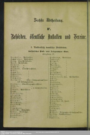 Sechste Abtheilung. Behördenverzeichnis : Vierte Abteilung. F. Behörden, öffentliche Anstalten und Vereine