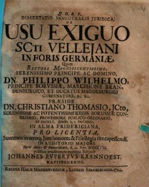 Dissertatio Inauguralis Juridica De Usu Exiguo SCti Vellejani In Foris Germaniae