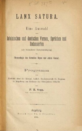 Lanx satura : eine Auswahl von lateinischen und deutschen Versen, Sprüchen und Redensarten mit besonderer Berücksichtigung der Phraseologie des Cornelius Nepos und Julius Caesar