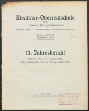 1924/25: Jahresbericht Ostern ... bis Ostern ... - 1924/25