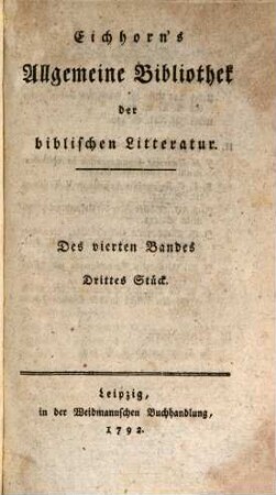Allgemeine Bibliothek der biblischen Litteratur. 4,3. 1792