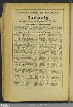 Alphabetisches Verzeichnis der Strassen und Plätze von Leipzig und sämtlichen angeschlossenen Vororten