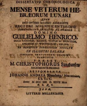 Diss. chronol. de mense veterum Hebraeorum lunari