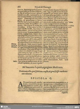 Ad Joannem Leporis, egregium Medicum. Gratiarum actio, quod fideli eius consilio, de gravi fuisset morbo mature relevatus. Epistola C.