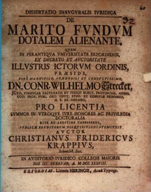 Dissertatio Inavgvralis Ivridica De Marito Fvndvm Dotalem Alienante