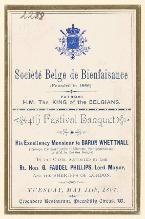 Menükarte : 4th Festival Banquet Société Belge de Bienfaisance, Trocadero Rastaurant, Piccadelly Circus W.