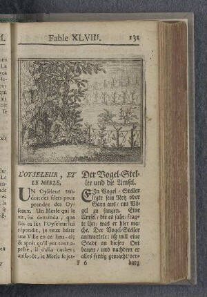 Fable XLVIII. : L’ oyseleur, et le merle. Der Vogel-Steller und die Amsel.